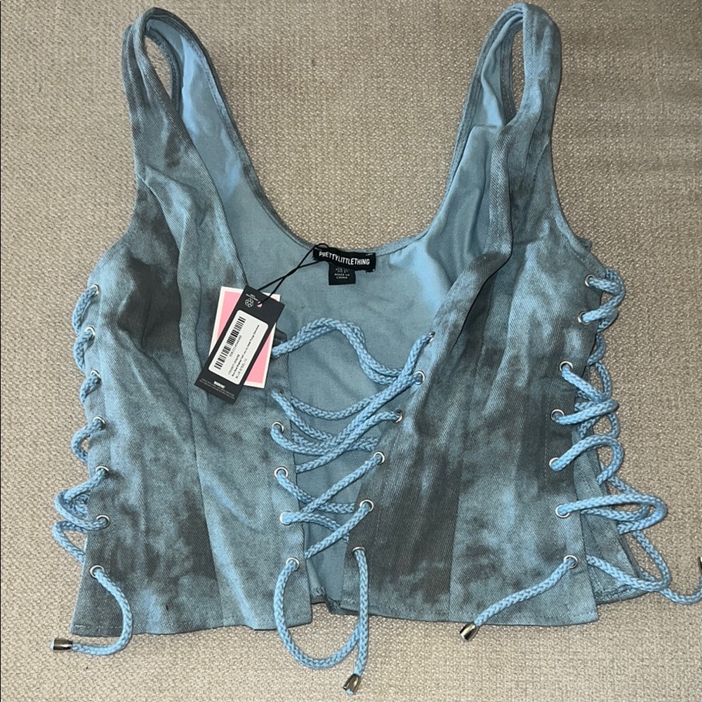 PrettyLittleThing Blue Lace-Up Tank Top